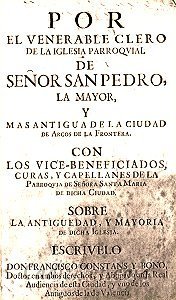 Cadiz:Libro impreso en Sevilla, en 1718, a favor de la Parroquia de San Pedro