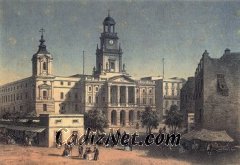 Cadiz:Plaza de Isabel II según una litografía de Deroy (mediados del siglo XIX)