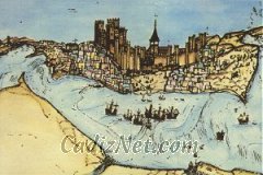 Cadiz:Este grabado de 1513 muestra la villa medieval de Cádiz. En él pueden verse destacadas la Catedral (actual Parroquia de Santa Cruz) y el castillo, del que en la actualidad no queda nada.