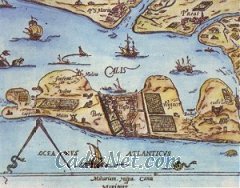 Cadiz:Este plano de Cádiz data de 1560 a 1570. Representa el conjunto de la bahía a mediados del siglo XVI. Se ve un Cádiz pequeño en torno a la plaza de la Corredera (San Juan de Dios) y rodeado de viñas y huertos.