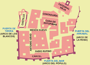 Cadiz:Este esquema muestra la distribución de la villa medieval de Cádiz, asentada sobre lo que hoy es el Barrio del Pópulo. En la actualidad se conservan las tres 