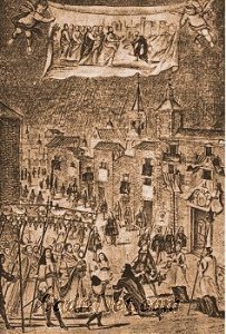 Cadiz:En el año de 1692, el Santísimo se tuvo que refugiar en casa de D. Diego de Barrios. La escena recoge ese momento con la ingenuidad propia de los grabados del siglo XVIII, y los sabidos anacronismos que los dibujantes desarrollaban.