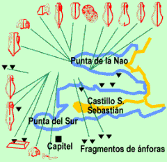 Cadiz:La importancia del comercio marítimo se pone de manifiesto a través de multitud de hallazgos arqueológicos. Estas son las zonas de los más importantes descubrimientos en La Caleta (Cádiz)