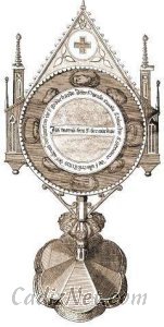 Cadiz:Grabado de 1713. Relicario con el Lignum Crucis y, alrededor del círculo central, dientes de San Nicolás. (Colección particular)