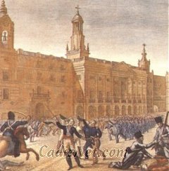 Cadiz:Grabado del siglo XIX, en el que se muestra la plaza de San Juan de Dios en los tiempos en que los gaditanos luchaban por la libertad.
