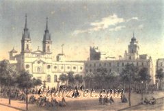 Cadiz:Aspecto general de la plaza de San Antonio según una litografía de Deroy (mediados del siglo XIX)